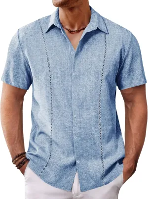 Runcati Mens Short Sleeve Guayabera Shirts Cuban Button Down Casual Shirt Summer Vacation Wedding Embroidered Linen Tops