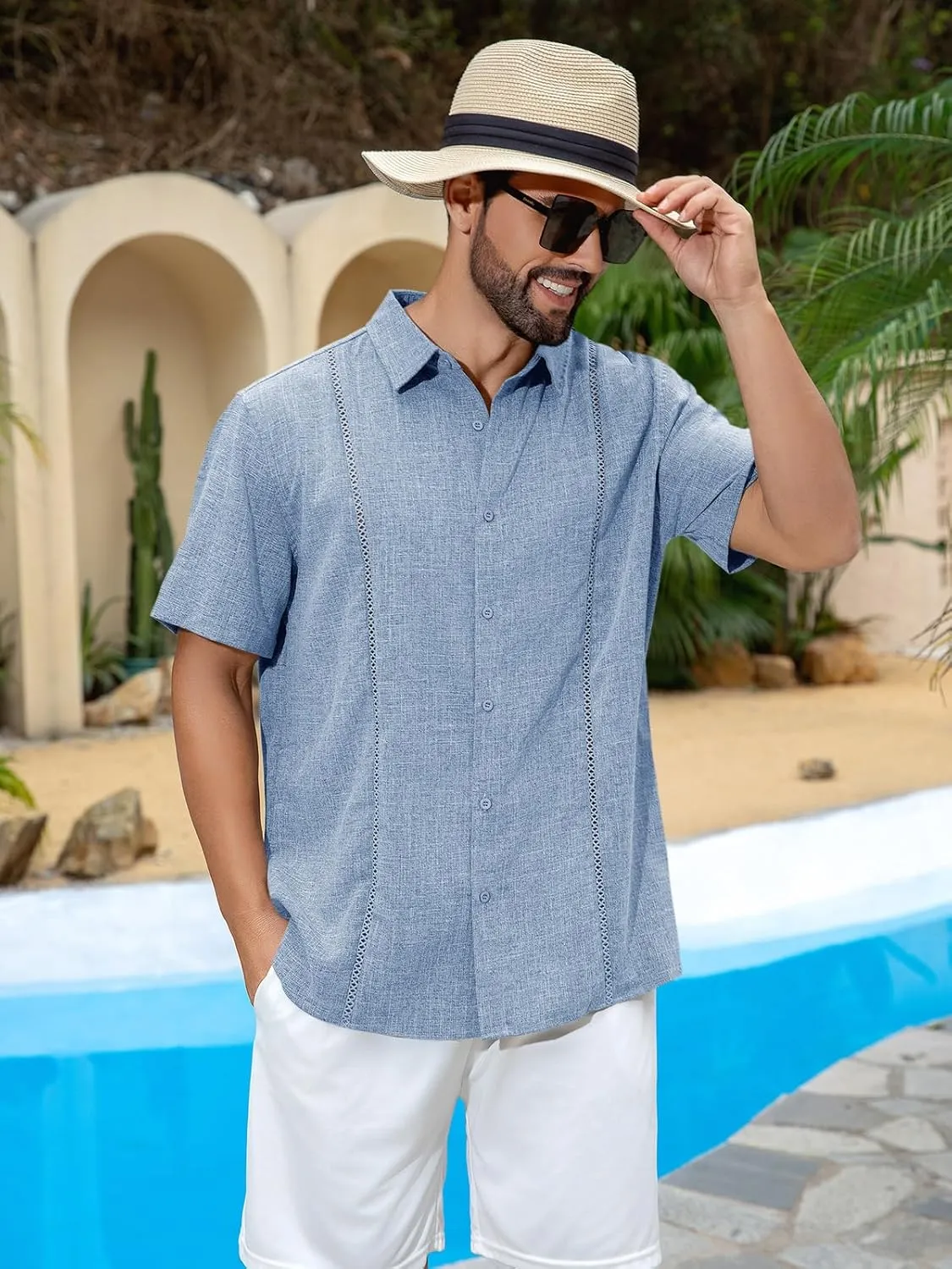 Runcati Mens Short Sleeve Guayabera Shirts Cuban Button Down Casual Shirt Summer Vacation Wedding Embroidered Linen Tops