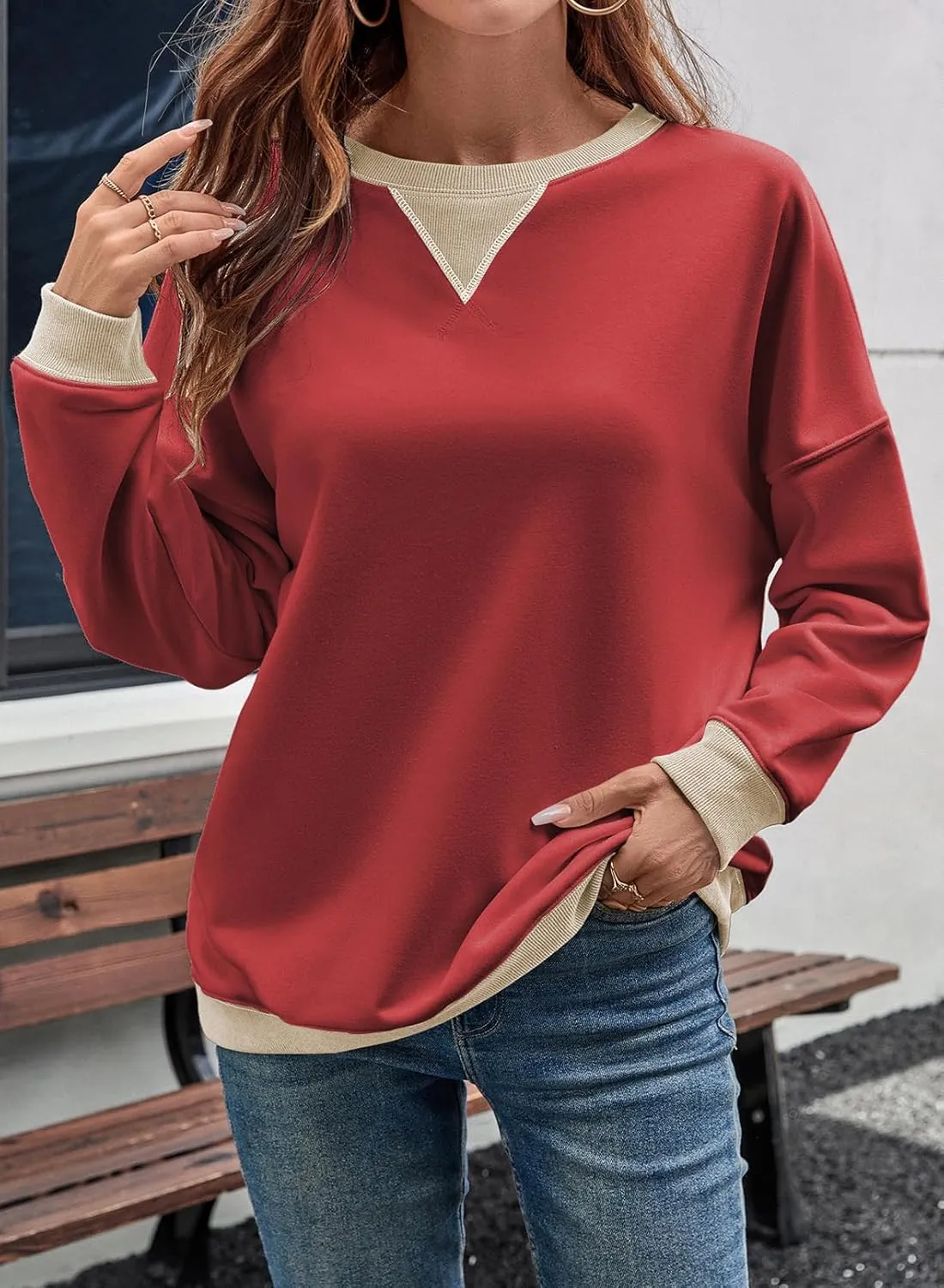 Samefar Women's Sweatshirts Oversized Color Block Crew Neck Long Sleeve Tops Casual Lightweight Pullover Shirts Y2K Clothes