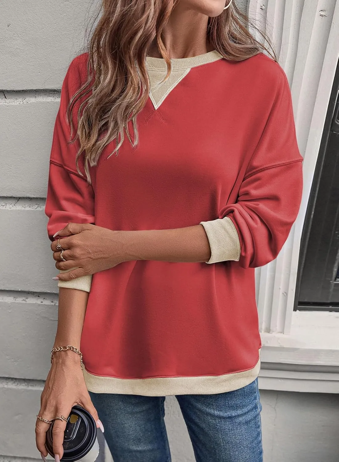Samefar Women's Sweatshirts Oversized Color Block Crew Neck Long Sleeve Tops Casual Lightweight Pullover Shirts Y2K Clothes