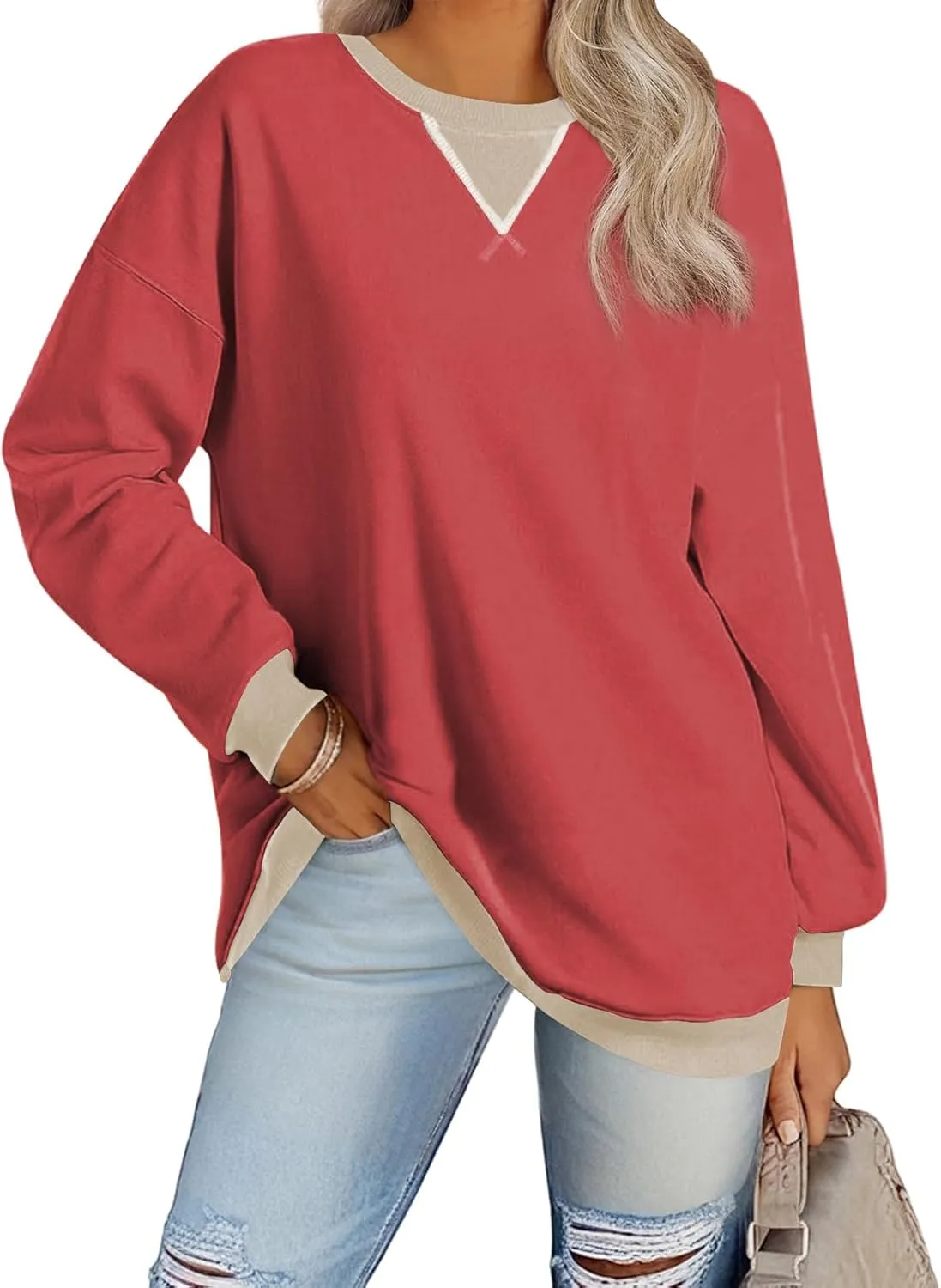Samefar Women's Sweatshirts Oversized Color Block Crew Neck Long Sleeve Tops Casual Lightweight Pullover Shirts Y2K Clothes