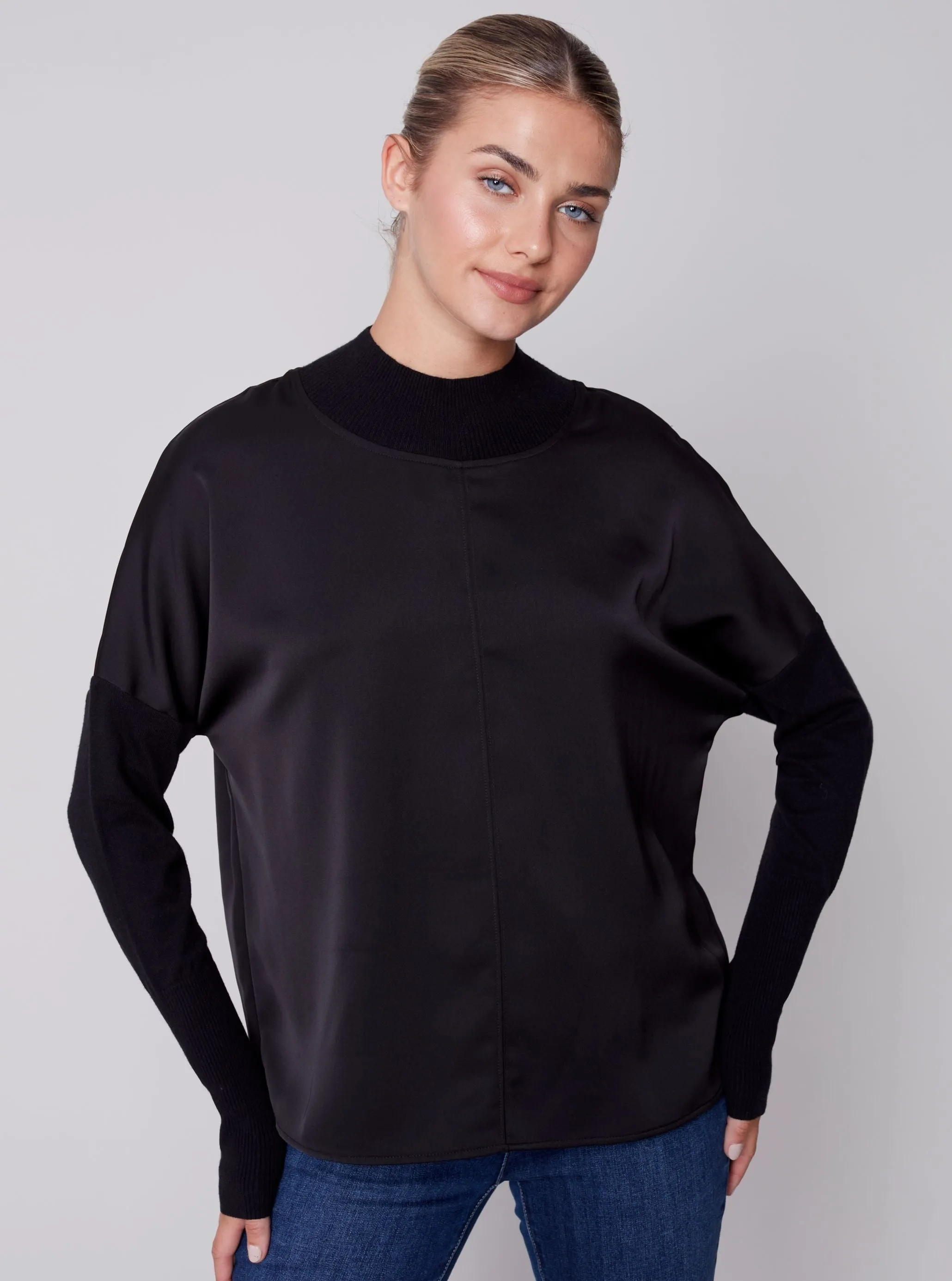 Satin Mock Neck Top [Black-C1345]