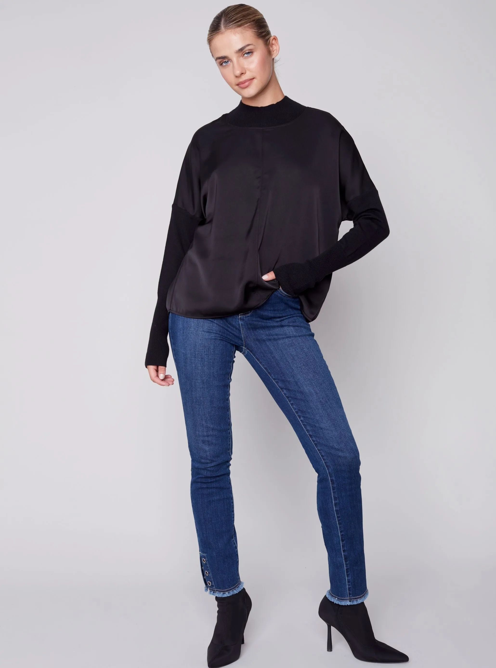 Satin Mock Neck Top [Black-C1345]
