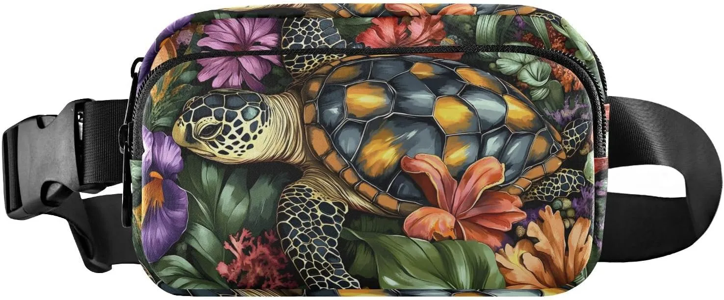 Sea Turtle Floral Fanny Pack Water Resistant, Women Men Waist Pack Sling Bag Purse for Travel Hiking