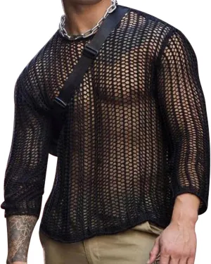 SEAUR Sheer Mesh Top for Men See Through Shirt Long Sleeve Slim Fit Tee Shirts Clubwear Party Tops