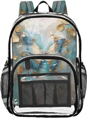 senya Transparent School Bag Blue Butterfly Gold Foil Travel Backpack With Water-Resistant PVC Plastic Clear Bagpack