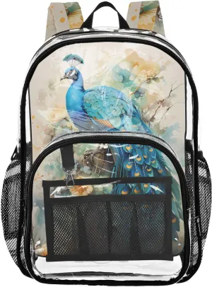senya Transparent School Bag Blue Peacock Peony Travel Backpack With Water-Resistant PVC Plastic Clear Bagpack