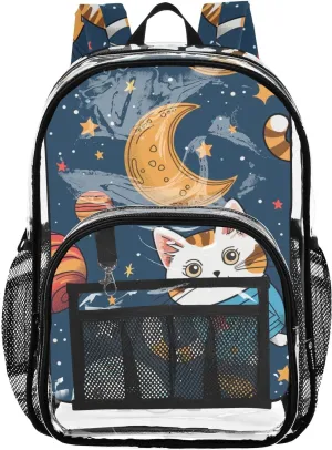 senya Transparent School Bag Cats Space Moon Planet Travel Backpack With Water-Resistant PVC Plastic Clear Bagpack