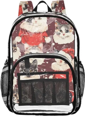 senya Transparent School Bag Christmas Cats Snowflakes Travel Backpack With Water-Resistant PVC Plastic Clear Bagpack