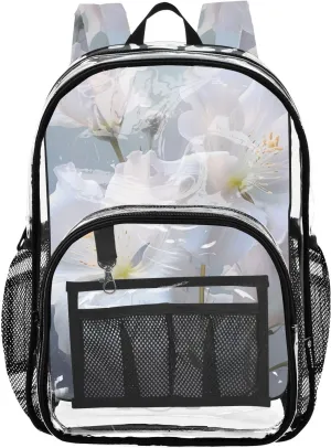 senya Transparent School Bag Delicate White Flowers Travel Backpack With Water-Resistant PVC Plastic Clear Bagpack