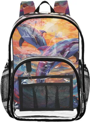 senya Transparent School Bag Dolphins Paddling Travel Backpack With Water-Resistant PVC Plastic Clear Bagpack