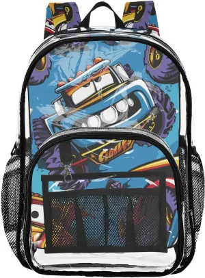 senya Transparent School Bag Grinning Monster Trucks Travel Backpack With Water-Resistant PVC Plastic Clear Bagpack