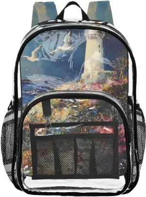 senya Transparent School Bag Lighthouse Flowers Seagull Travel Backpack With Water-Resistant PVC Plastic Clear Bagpack