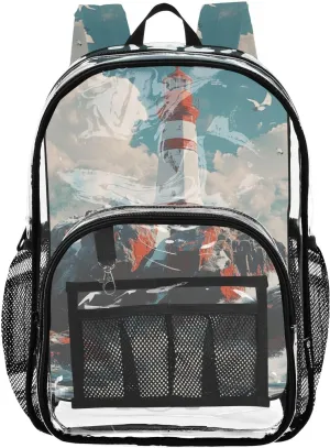 senya Transparent School Bag Lighthouse Sea View Travel Backpack With Water-Resistant PVC Plastic Clear Bagpack