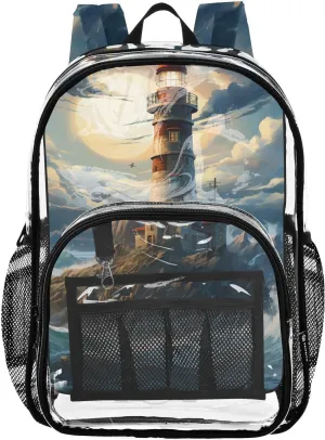 senya Transparent School Bag Lighthouse Waves Travel Backpack With Water-Resistant PVC Plastic Clear Bagpack