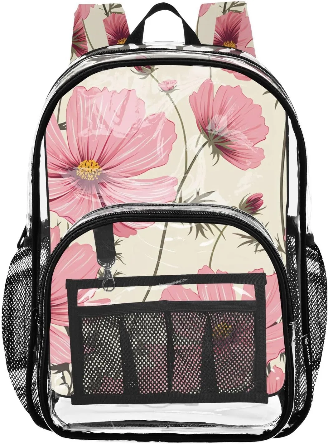 senya Transparent School Bag Pink Hand Drawn Flowers Travel Backpack With Water-Resistant PVC Plastic Clear Bagpack