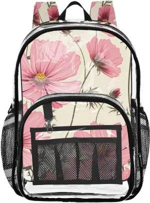 senya Transparent School Bag Pink Hand Drawn Flowers Travel Backpack With Water-Resistant PVC Plastic Clear Bagpack