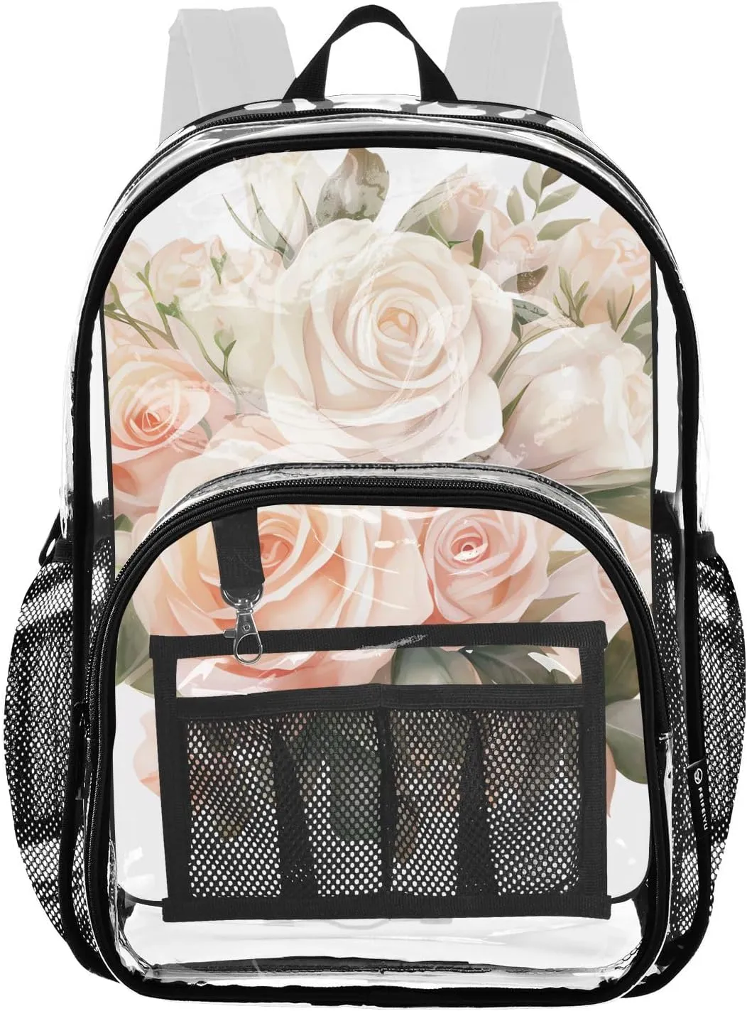 senya Transparent School Bag Pink-white Roses Travel Backpack With Water-Resistant PVC Plastic Clear Bagpack