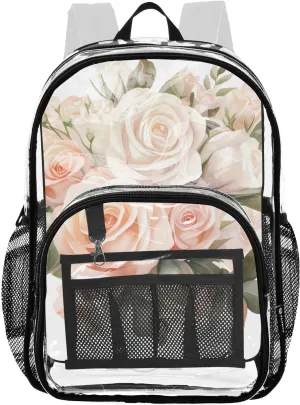 senya Transparent School Bag Pink-white Roses Travel Backpack With Water-Resistant PVC Plastic Clear Bagpack