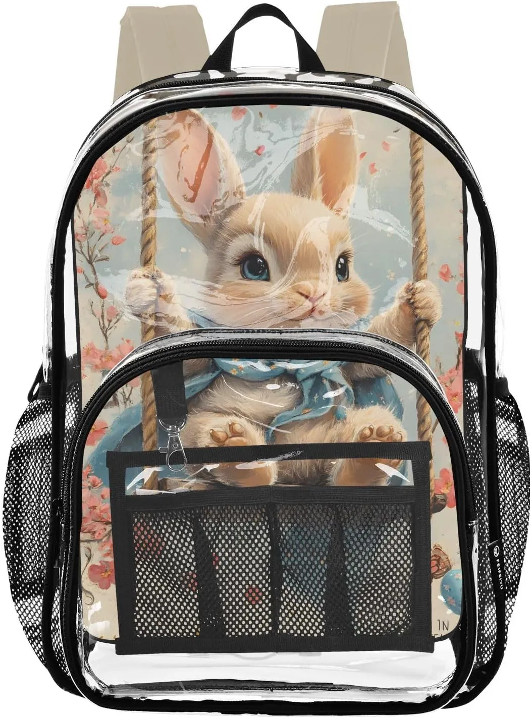 senya Transparent School Bag Rabbit on The Swing Travel Backpack With Water-Resistant PVC Plastic Clear Bagpack
