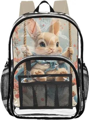 senya Transparent School Bag Rabbit on The Swing Travel Backpack With Water-Resistant PVC Plastic Clear Bagpack