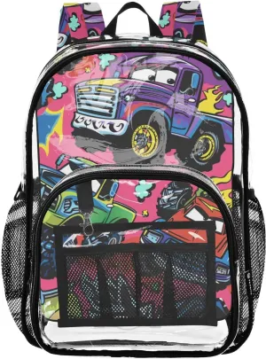 senya Transparent School Bag Raging Monster Trucks Travel Backpack With Water-Resistant PVC Plastic Clear Bagpack