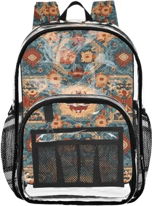 senya Transparent School Bag Retro Red-blue Flowers Travel Backpack With Water-Resistant PVC Plastic Clear Bagpack