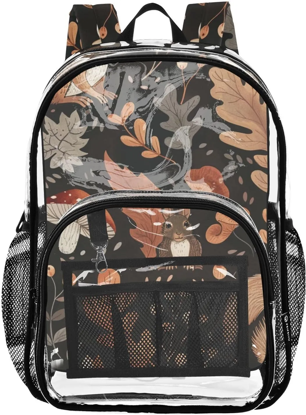 senya Transparent School Bag Squirrels Maple Leaves Mushrooms Travel Backpack With Water-Resistant PVC Plastic Clear Bagpack