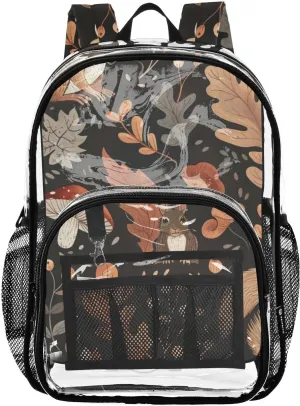 senya Transparent School Bag Squirrels Maple Leaves Mushrooms Travel Backpack With Water-Resistant PVC Plastic Clear Bagpack