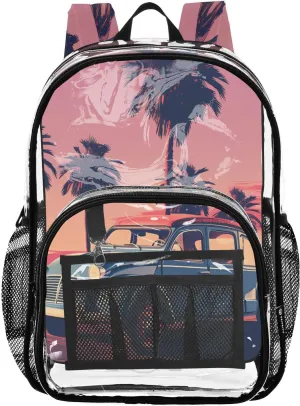 senya Transparent School Bag Sunset Car Coconut Tree Travel Backpack With Water-Resistant PVC Plastic Clear Bagpack