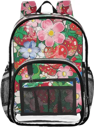 senya Transparent School Bag Sweet Strawberry Fragrant Flowers Travel Backpack With Water-Resistant PVC Plastic Clear Bagpack