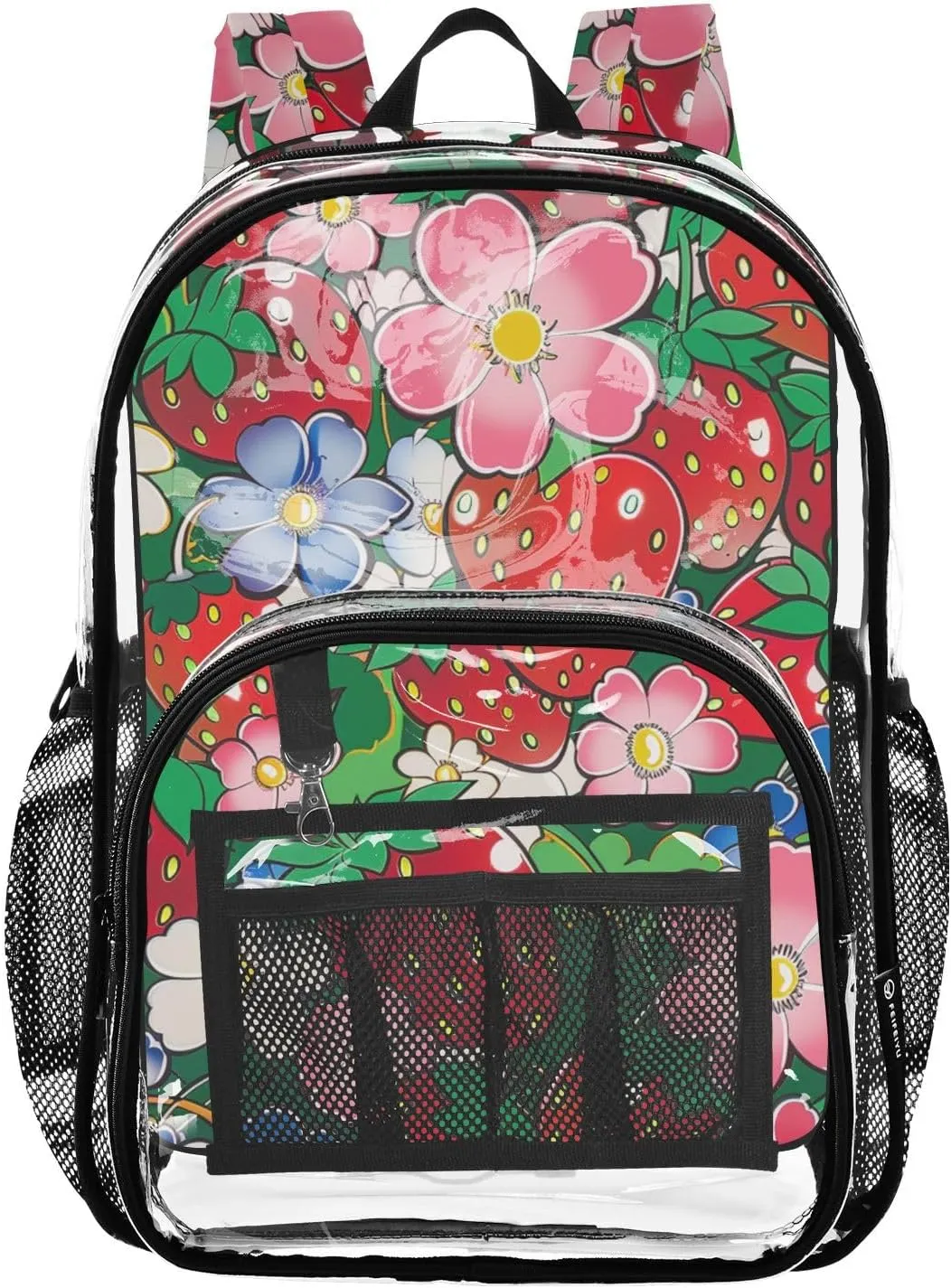 senya Transparent School Bag Sweet Strawberry Fragrant Flowers Travel Backpack With Water-Resistant PVC Plastic Clear Bagpack