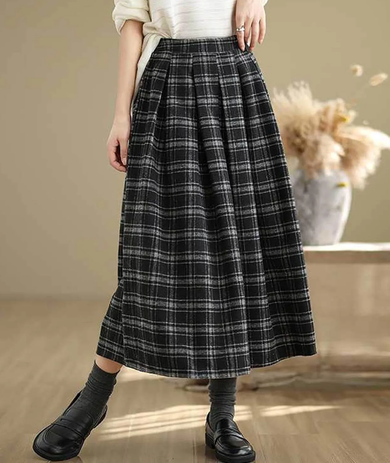 Sexyshine Women's Retro Plaid Checkered Wool Blend Skirt Elastic High Waist Pleated A-Line Midi Long Skirt