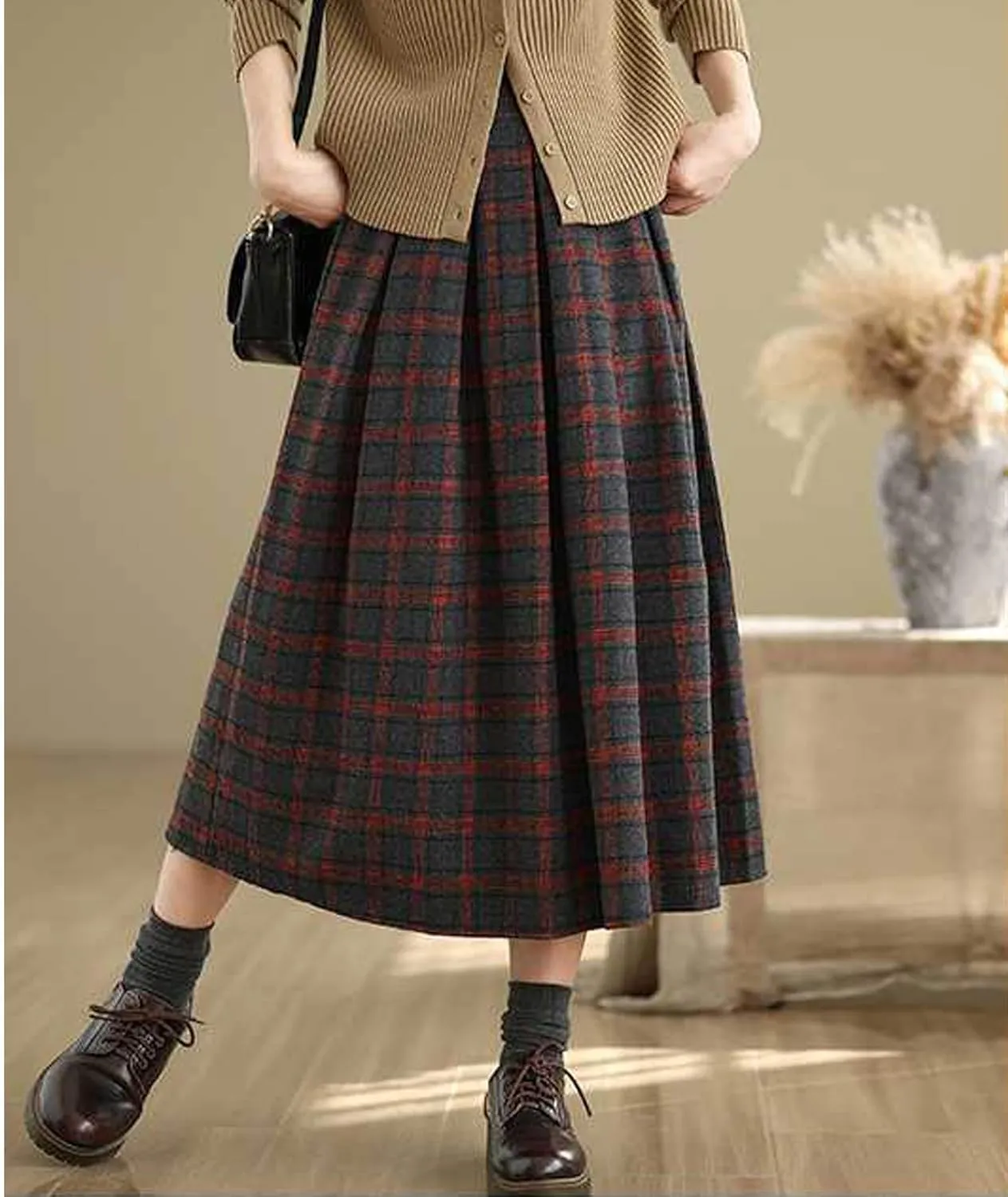 Sexyshine Women's Retro Plaid Checkered Wool Blend Skirt Elastic High Waist Pleated A-Line Midi Long Skirt