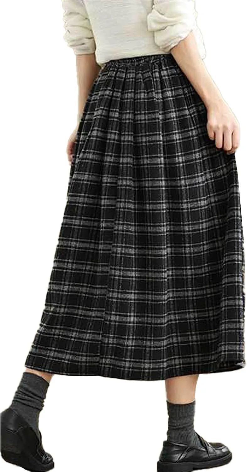 Sexyshine Women's Retro Plaid Checkered Wool Blend Skirt Elastic High Waist Pleated A-Line Midi Long Skirt