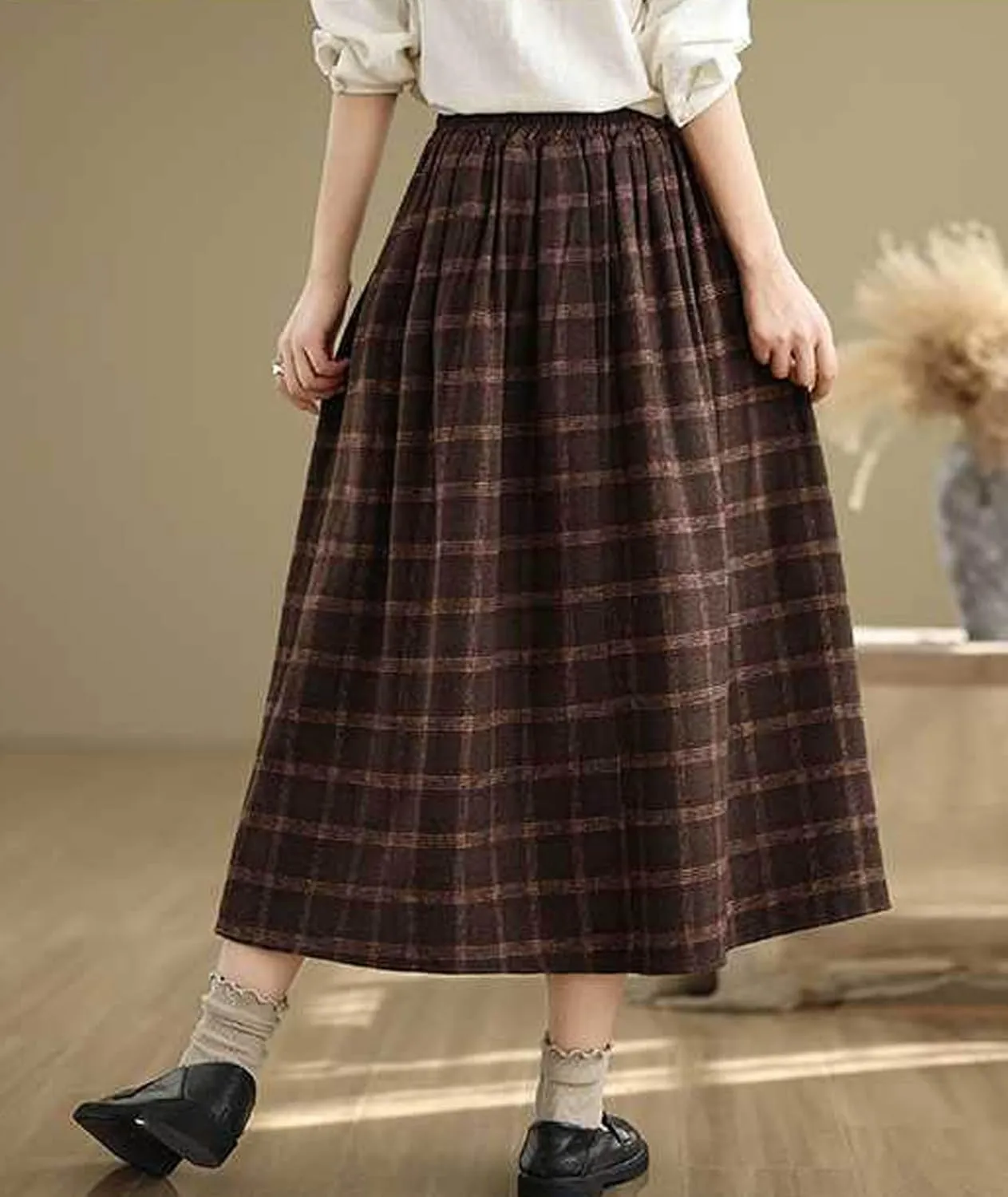 Sexyshine Women's Retro Plaid Checkered Wool Blend Skirt Elastic High Waist Pleated A-Line Midi Long Skirt