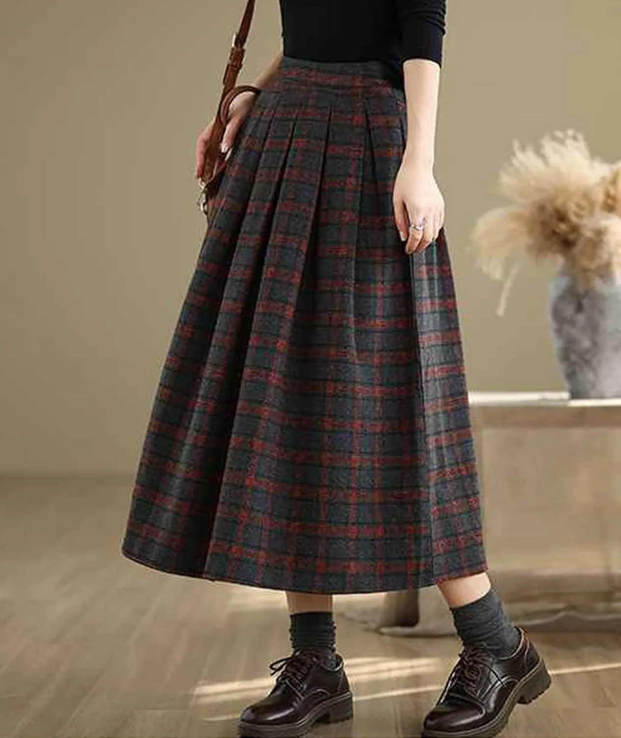 Sexyshine Women's Retro Plaid Checkered Wool Blend Skirt Elastic High Waist Pleated A-Line Midi Long Skirt