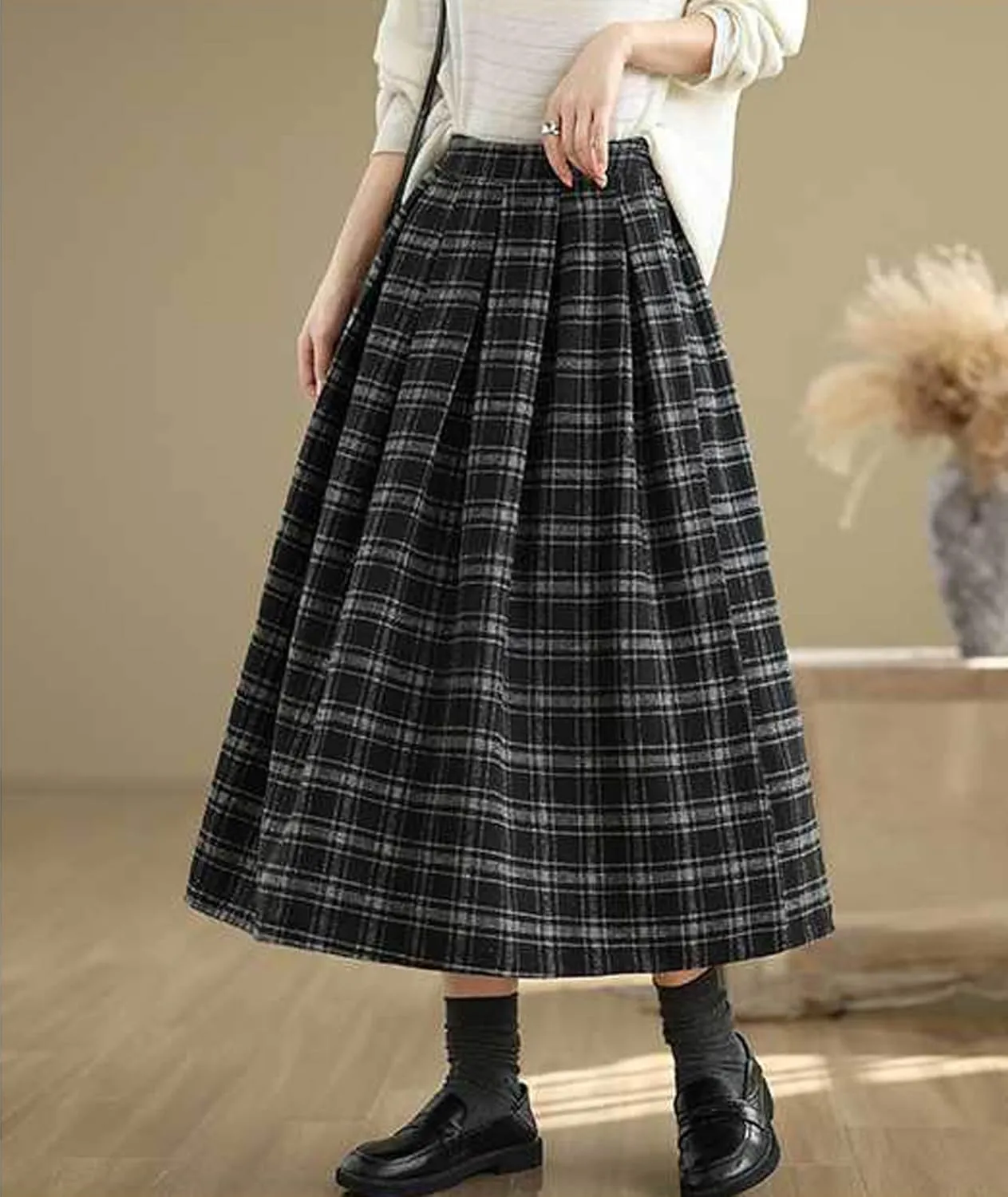 Sexyshine Women's Retro Plaid Checkered Wool Blend Skirt Elastic High Waist Pleated A-Line Midi Long Skirt