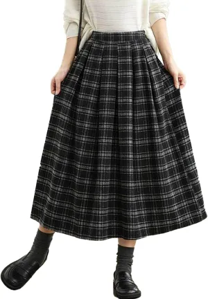 Sexyshine Women's Retro Plaid Checkered Wool Blend Skirt Elastic High Waist Pleated A-Line Midi Long Skirt