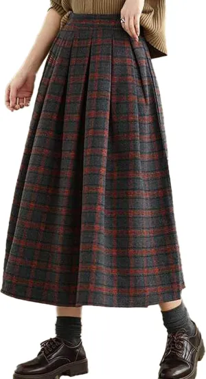 Sexyshine Women's Retro Plaid Checkered Wool Blend Skirt Elastic High Waist Pleated A-Line Midi Long Skirt