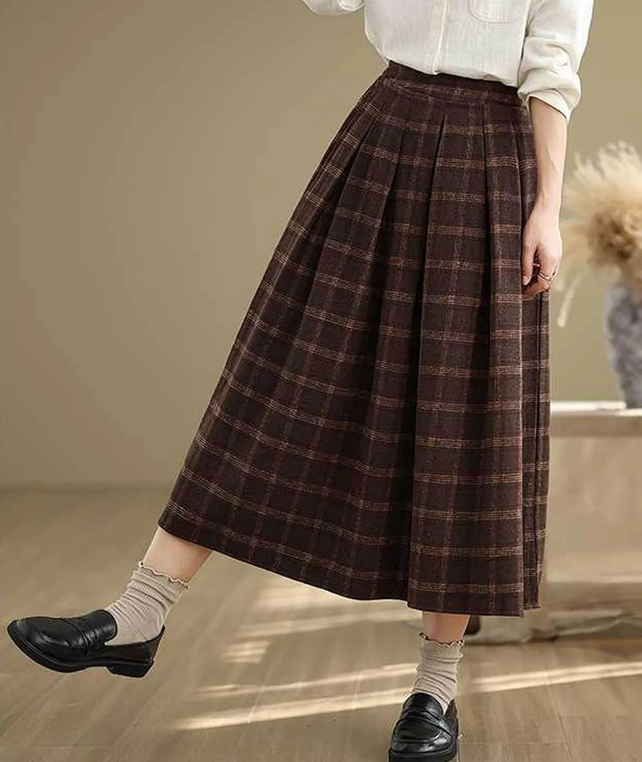 Sexyshine Women's Retro Plaid Checkered Wool Blend Skirt Elastic High Waist Pleated A-Line Midi Long Skirt