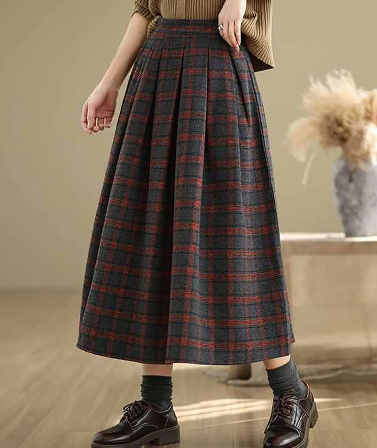 Sexyshine Women's Retro Plaid Checkered Wool Blend Skirt Elastic High Waist Pleated A-Line Midi Long Skirt