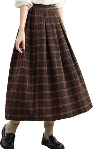 Sexyshine Women's Retro Plaid Checkered Wool Blend Skirt Elastic High Waist Pleated A-Line Midi Long Skirt