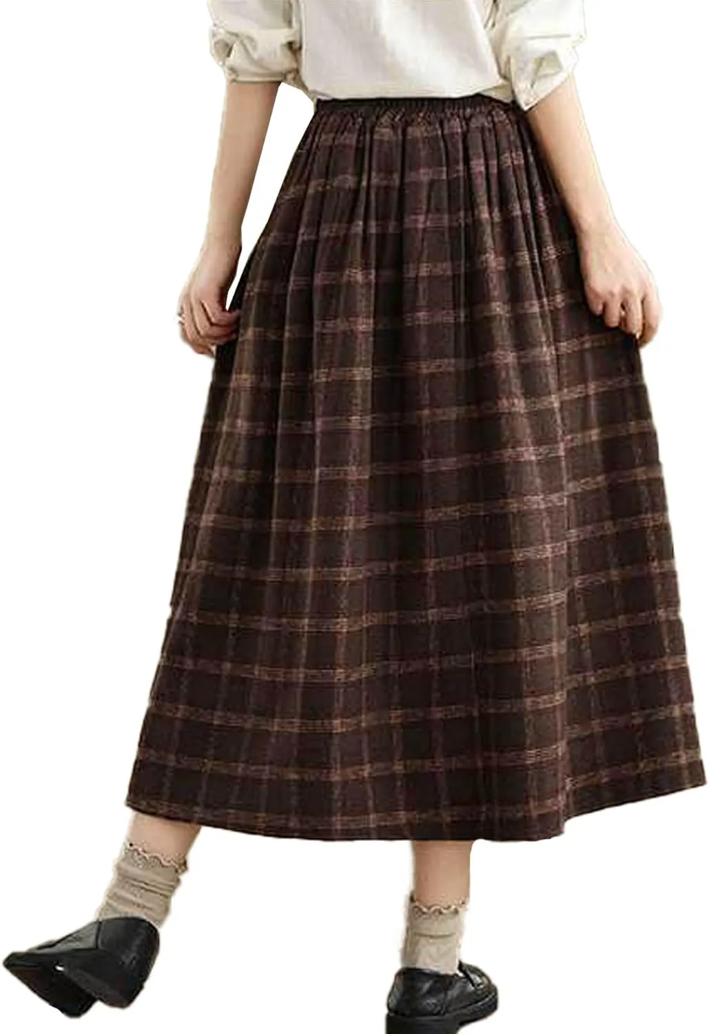 Sexyshine Women's Retro Plaid Checkered Wool Blend Skirt Elastic High Waist Pleated A-Line Midi Long Skirt