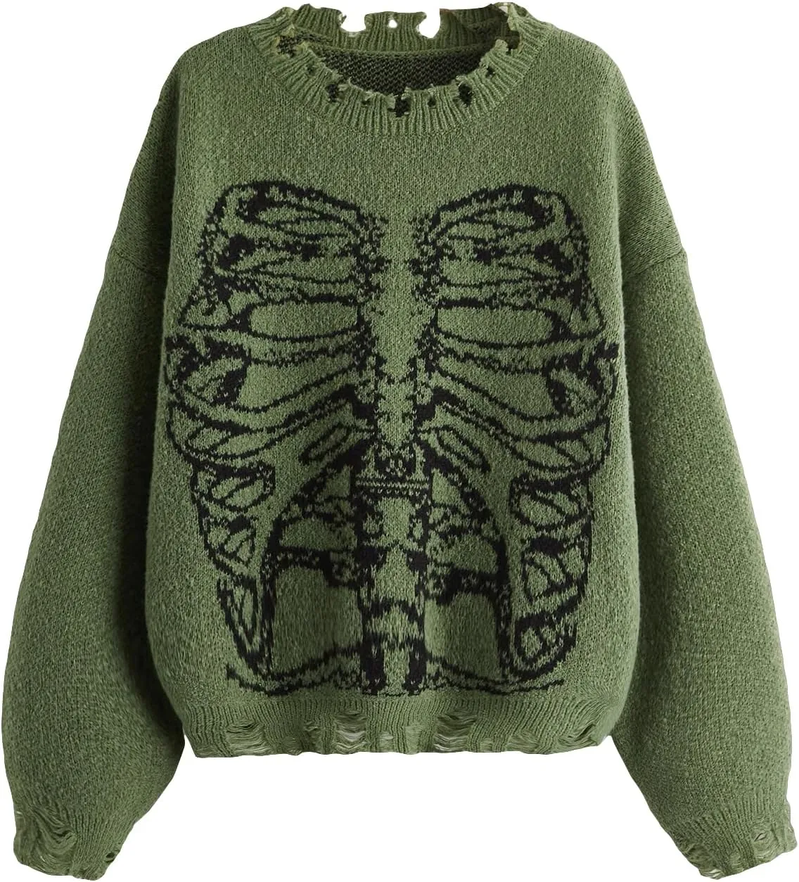 SHENHE Women's Oversized Skeleton Pattern Ripped Round Neck Sweater Pullover