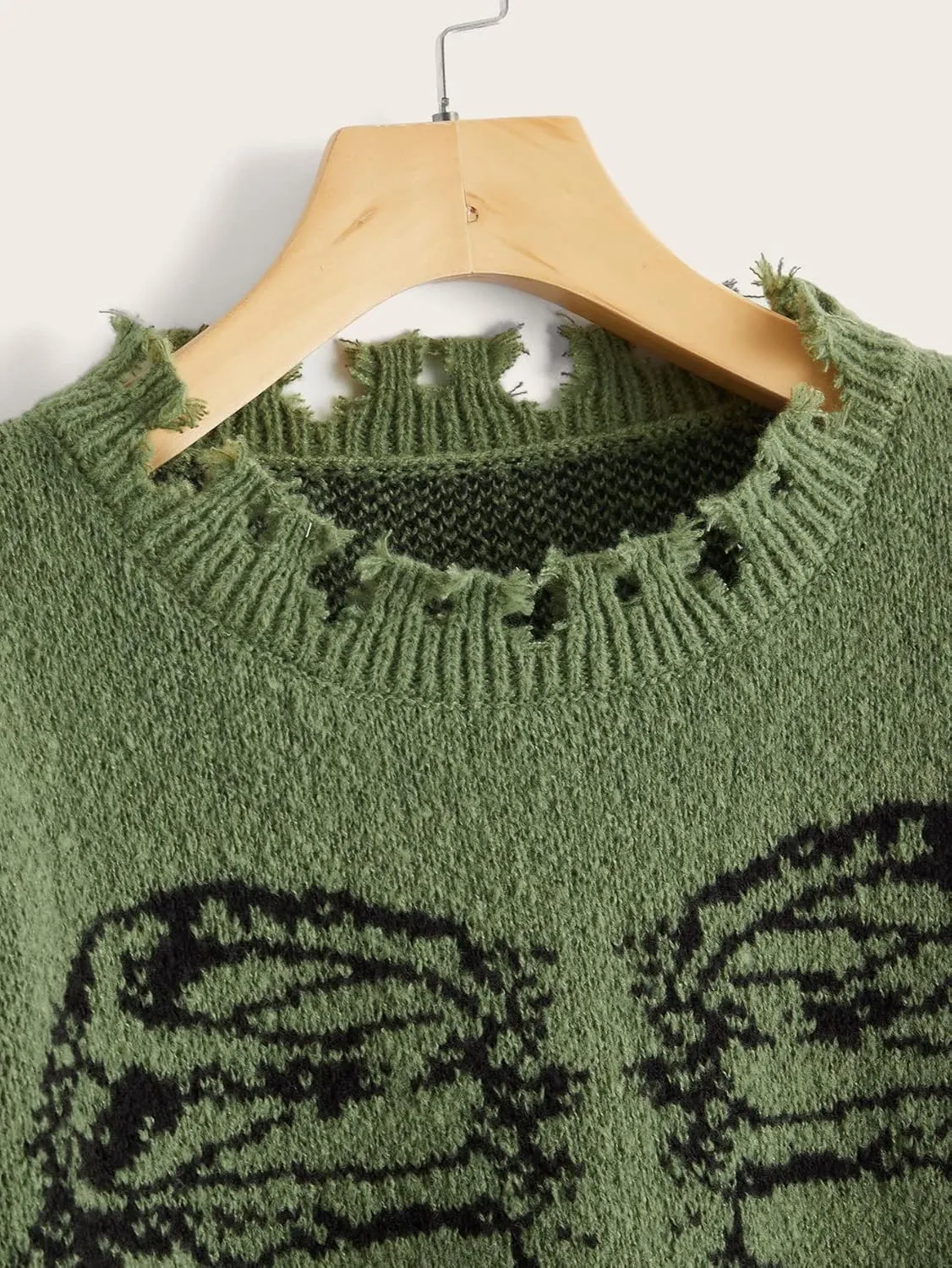 SHENHE Women's Oversized Skeleton Pattern Ripped Round Neck Sweater Pullover