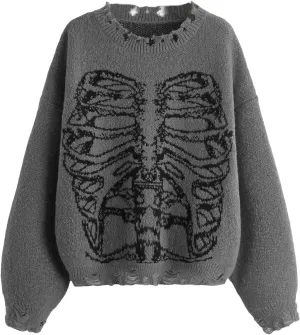 SHENHE Women's Oversized Skeleton Pattern Ripped Round Neck Sweater Pullover