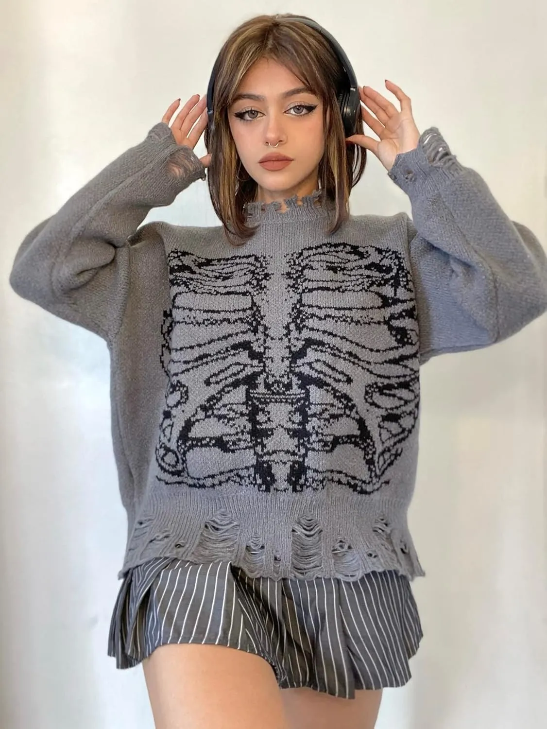 SHENHE Women's Oversized Skeleton Pattern Ripped Round Neck Sweater Pullover