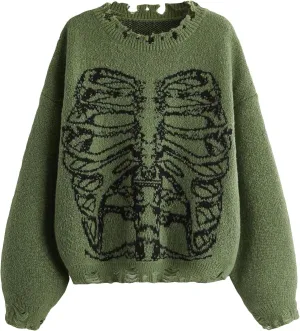 SHENHE Women's Oversized Skeleton Pattern Ripped Round Neck Sweater Pullover