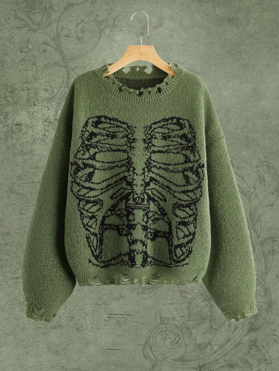SHENHE Women's Oversized Skeleton Pattern Ripped Round Neck Sweater Pullover